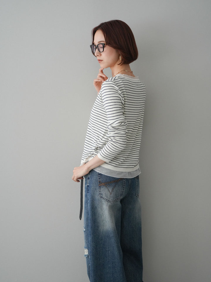 [SET]チュールレイヤードデザインボーダーニットトップス+ダメージデニムセミワイドパンツ(2set)