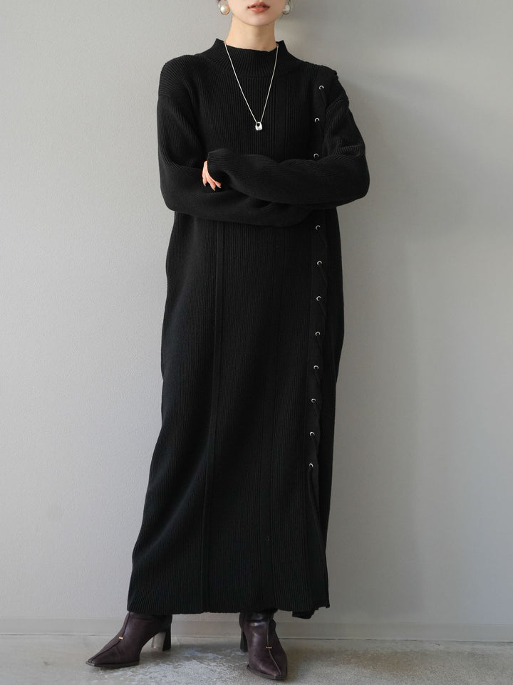 [SET] 不對稱繫帶高領針織連身裙 + 可選飾品套裝 (2套)