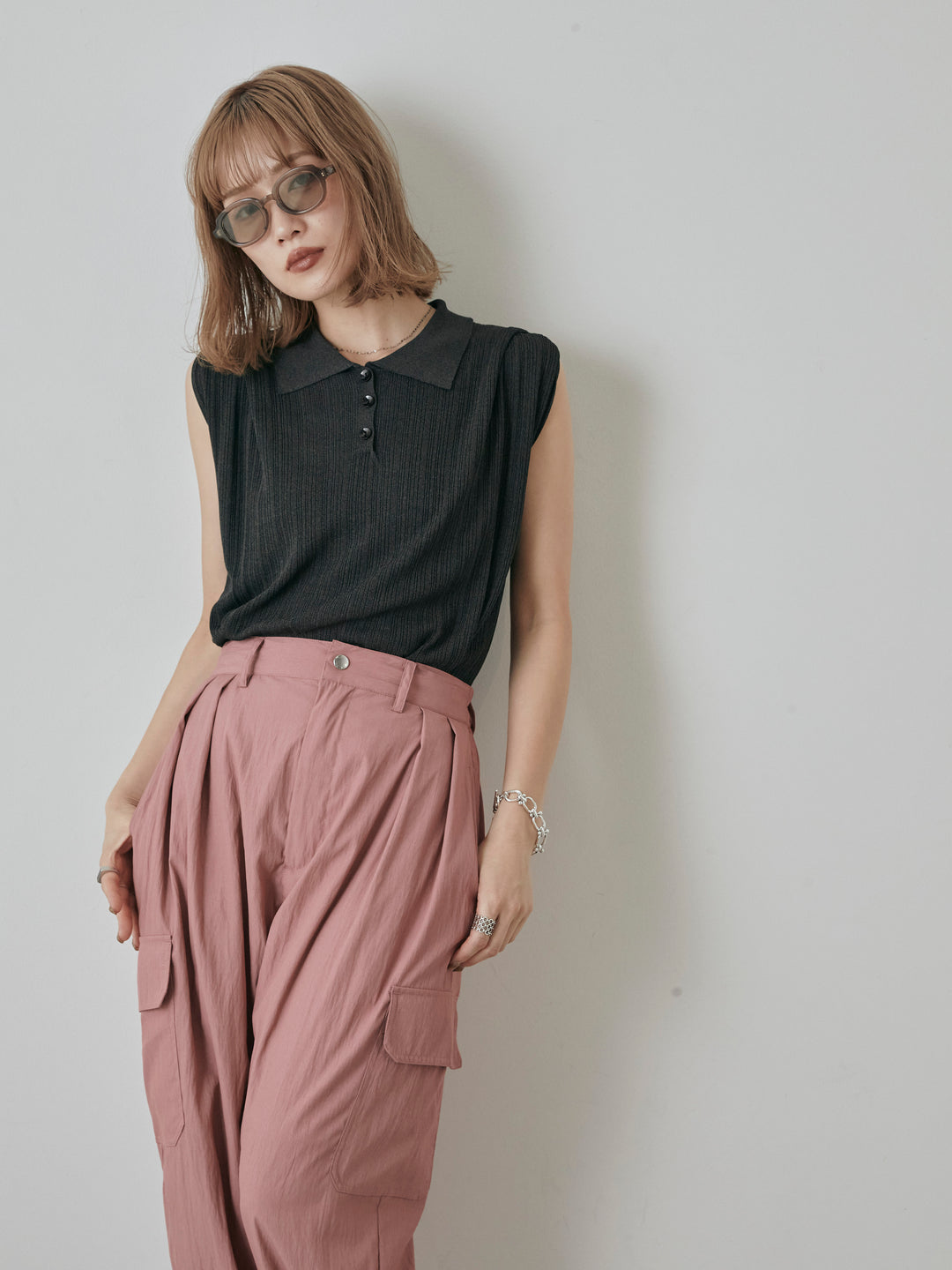 [予約]ランダムリブポロニットベスト/チャコール