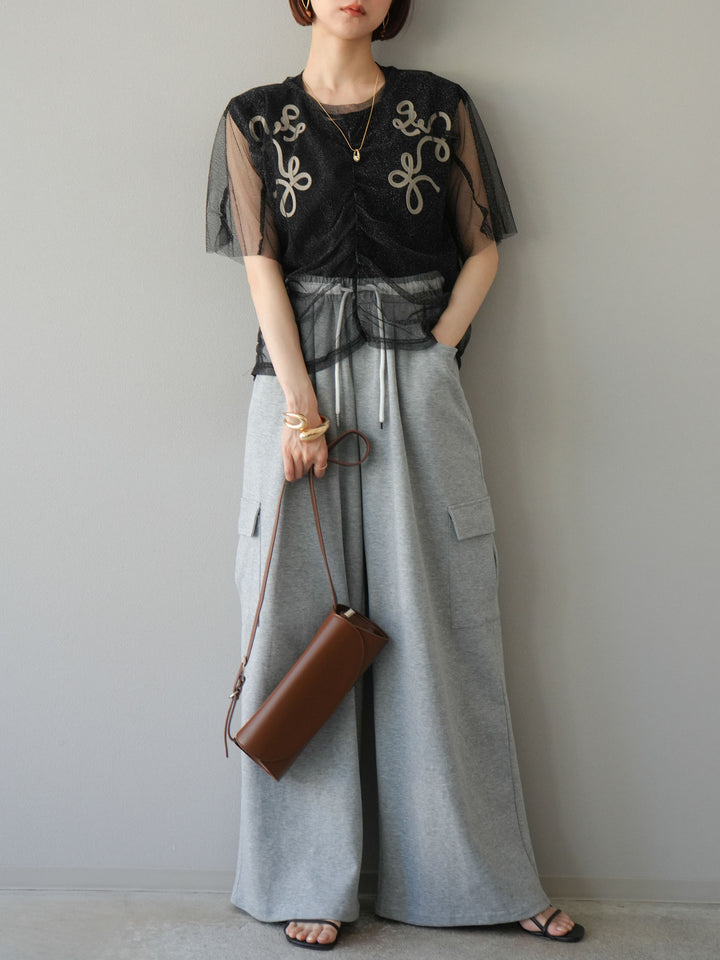 [SET]ラメチュールシャーリングプルオーバー+ウエストラインサイドポケットスウェットパンツ(2set)