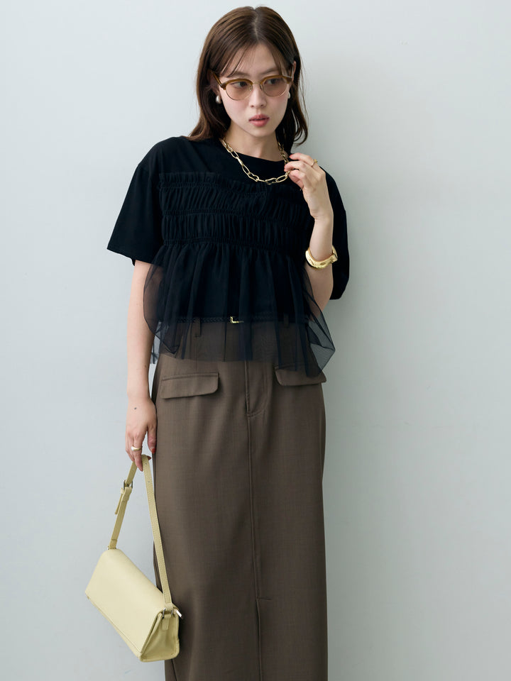 [SET]ギャザーチュールドッキングTEE+クレープデシンフラップ付きストレートスカート(2set)