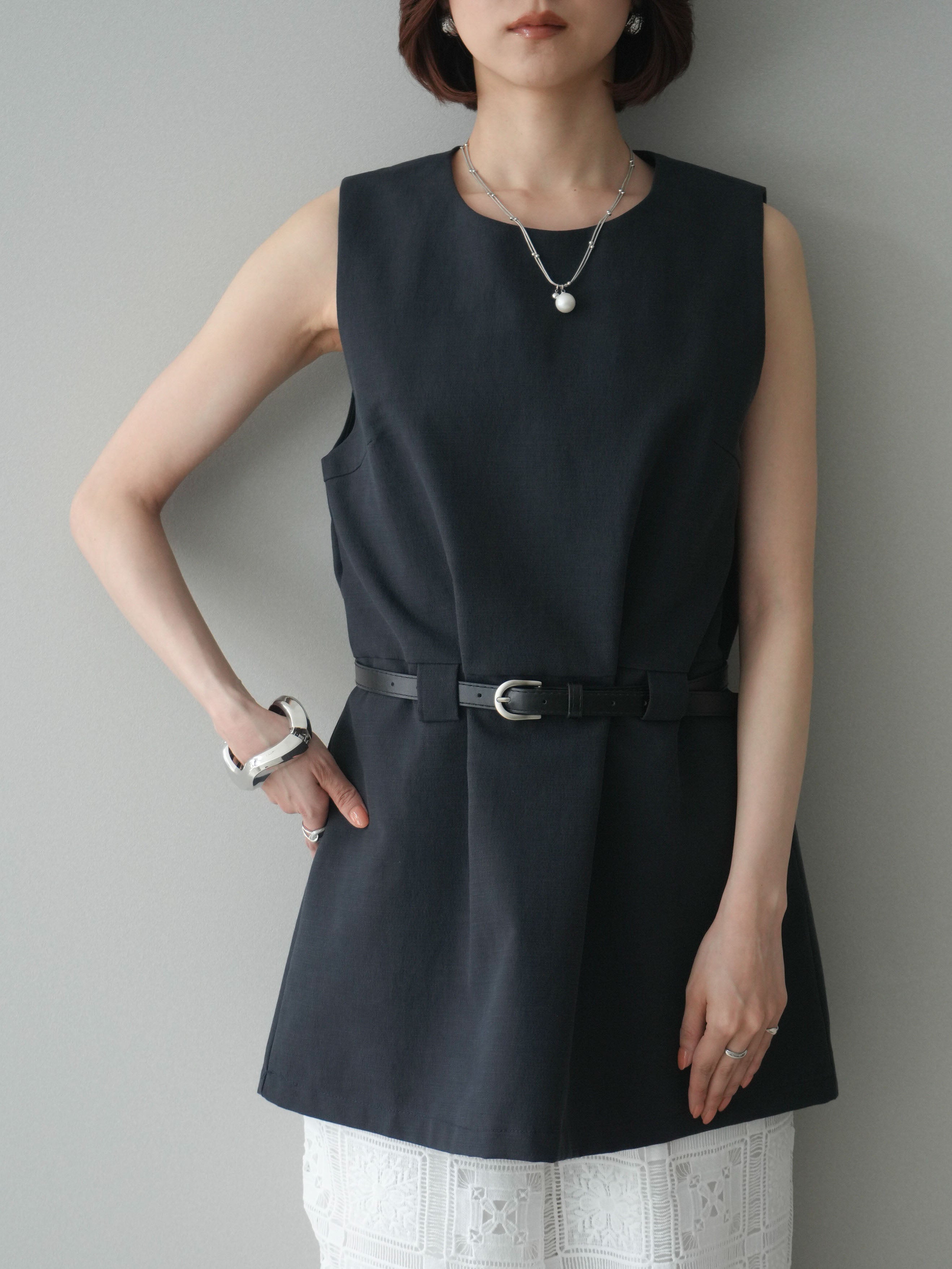 予約]ベルト付リネンライクノースリチュニック/navy – Lumier
