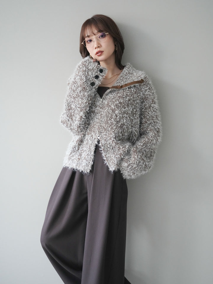 [予約]ミックスシャギージップニットカーディガン/brown