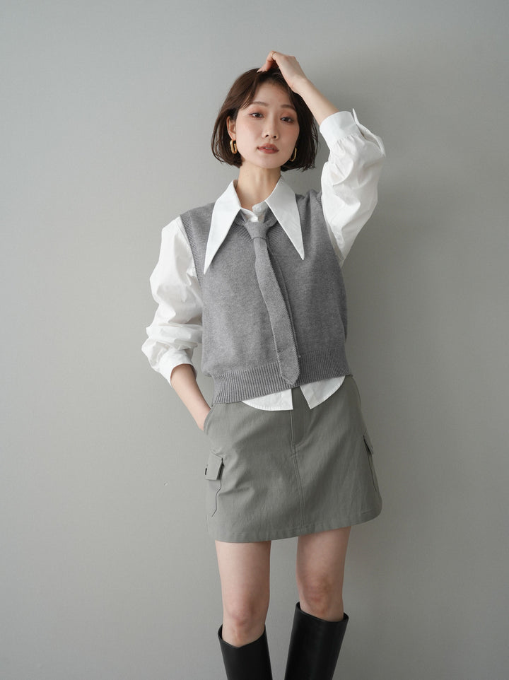 【套裝】蝴蝶結針織背心套裝襯衫+繫帶工裝迷你裙（兩件組）