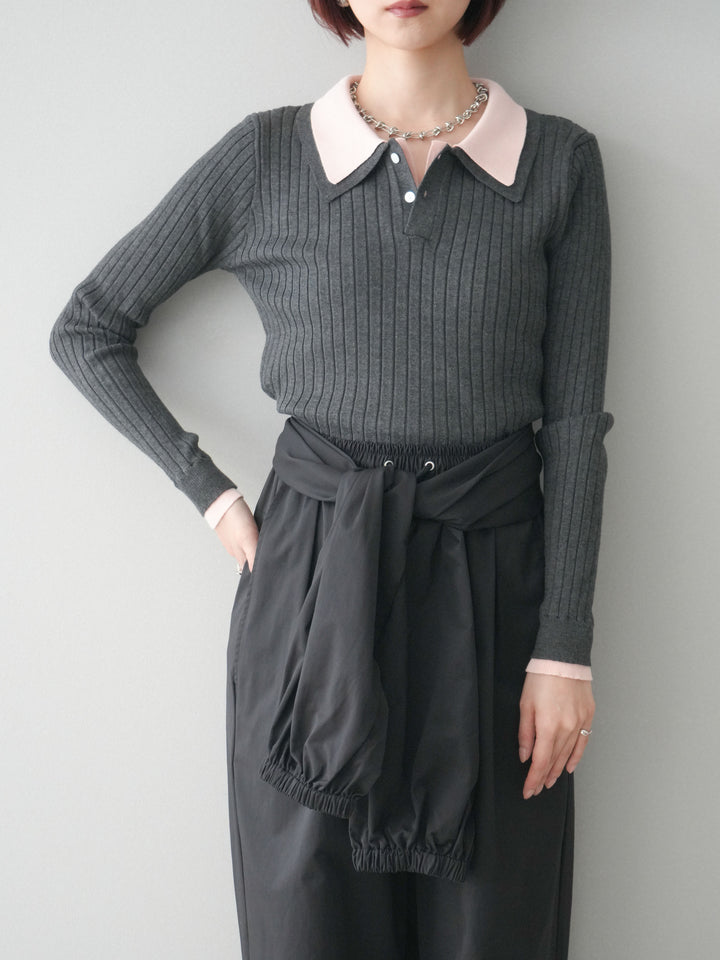 [予約]ダブル襟ポロリブニットトップス/charcoalgray