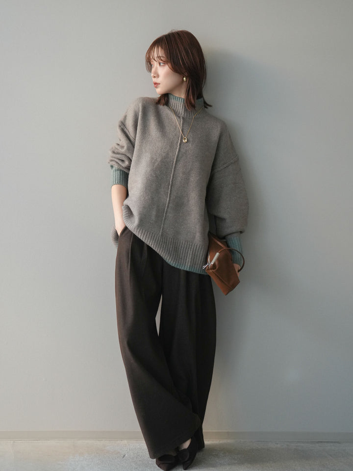 [SET]配色ハイネックニットプルオーバー+アニマル柄ベルト付きウールタッチワイドパンツ(2set)