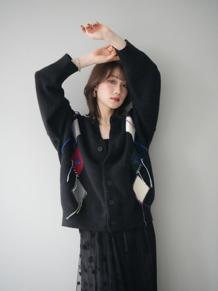 [SET]ハンドステッチアーガイルデザインニットカーディガン+フラワーフロッキーチュールプリーツスカート(2set)