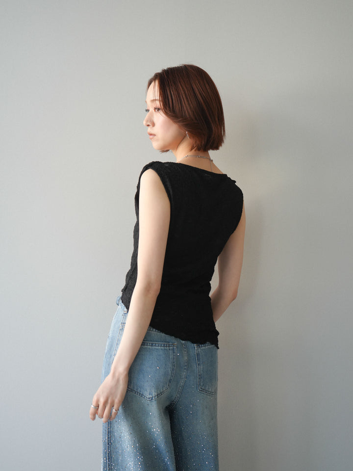[予約]レースドレープネックアシメトップス/black