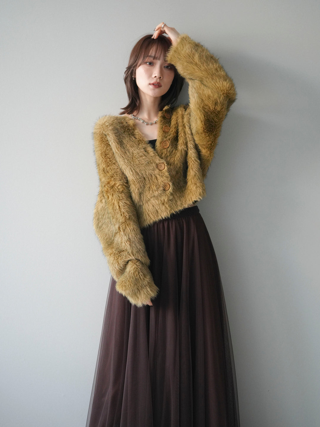 [予約]ミックスシャギーショートニットカーディガン/green