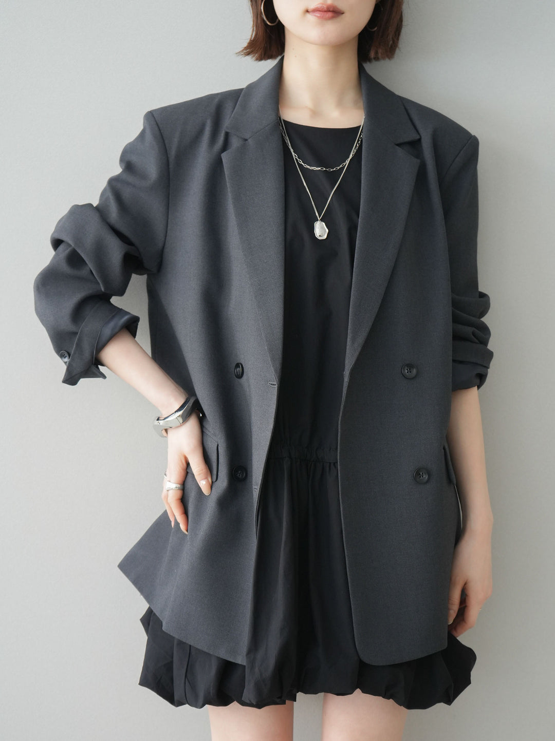 [SET]ノースリバルーンミニワンピース+ダブルブレストオーバージャケット(2set)