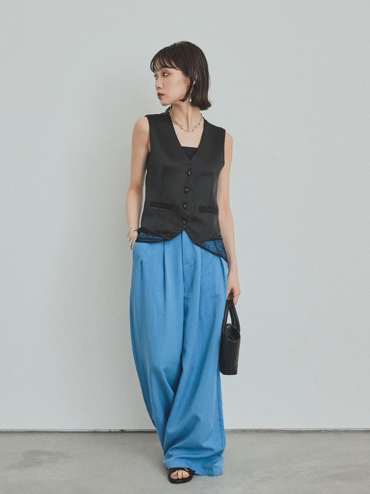 【預訂】亞麻觸感褶邊闊腿褲/藍色