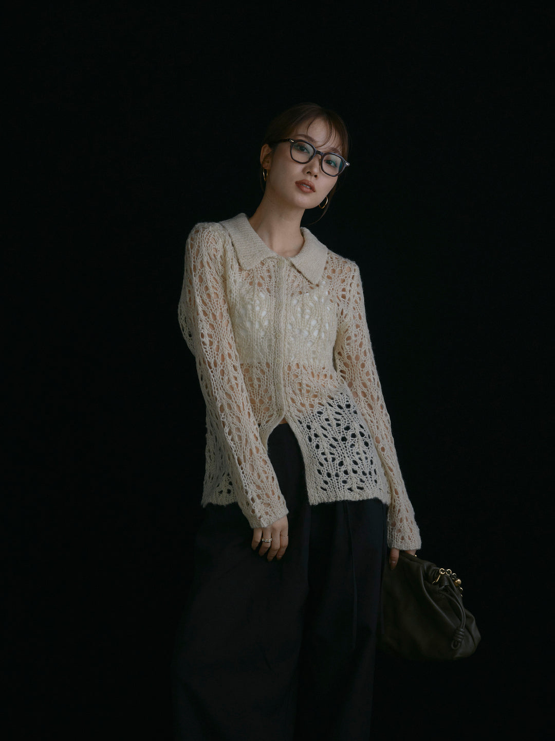 【Allure】[SET]ローゲージ透かし編みポロニッカーディガン+ラップデザインタックワイドパンツ(2set)