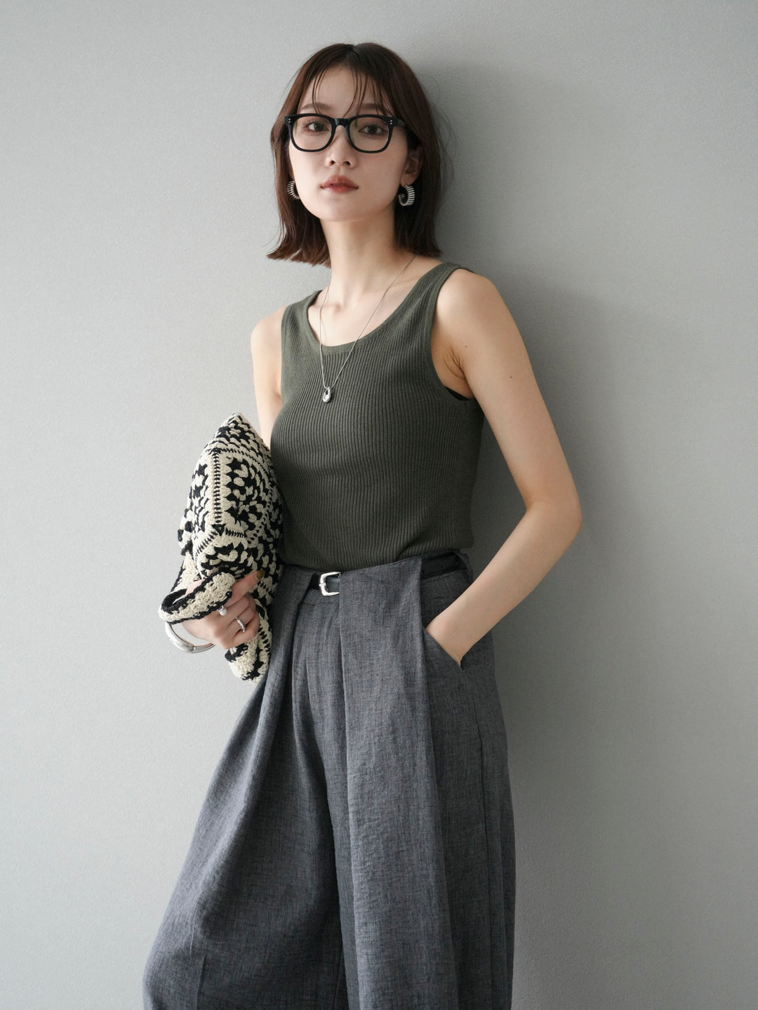 [予約]レーヨンニットタンクトップ/カーキ