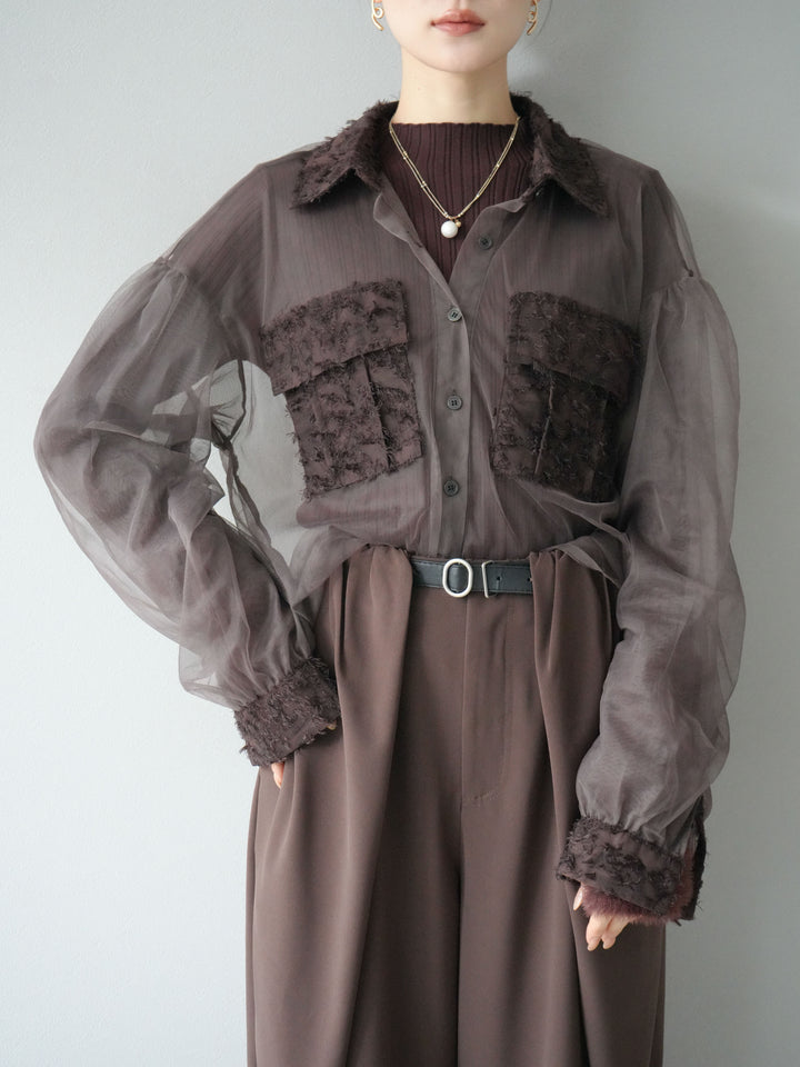 [SET]フリンジジャガード×チュールレイヤードシャツ+アームシャギーランダムリブニットトップス+ベルト付タックワイドパンツ(3set)