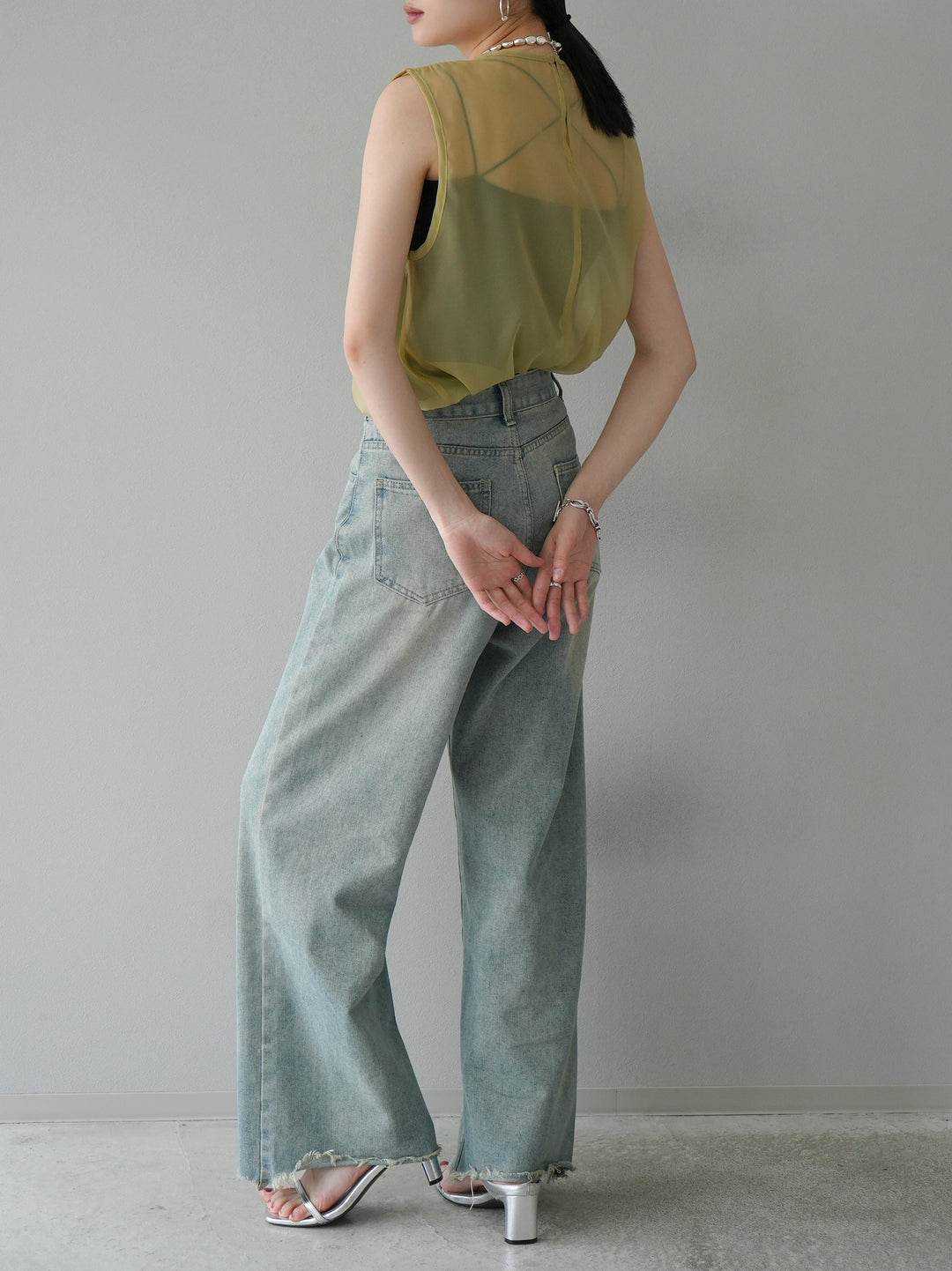 [SET] Organdy sleeveless top + belt asymmetrical damaged denim (2set)