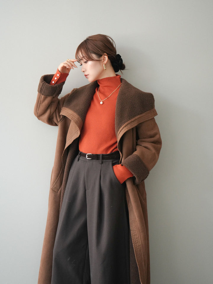 [SET]BIGカラームートンコート+袖ボタンボトルネックリブニットトップス(2set)