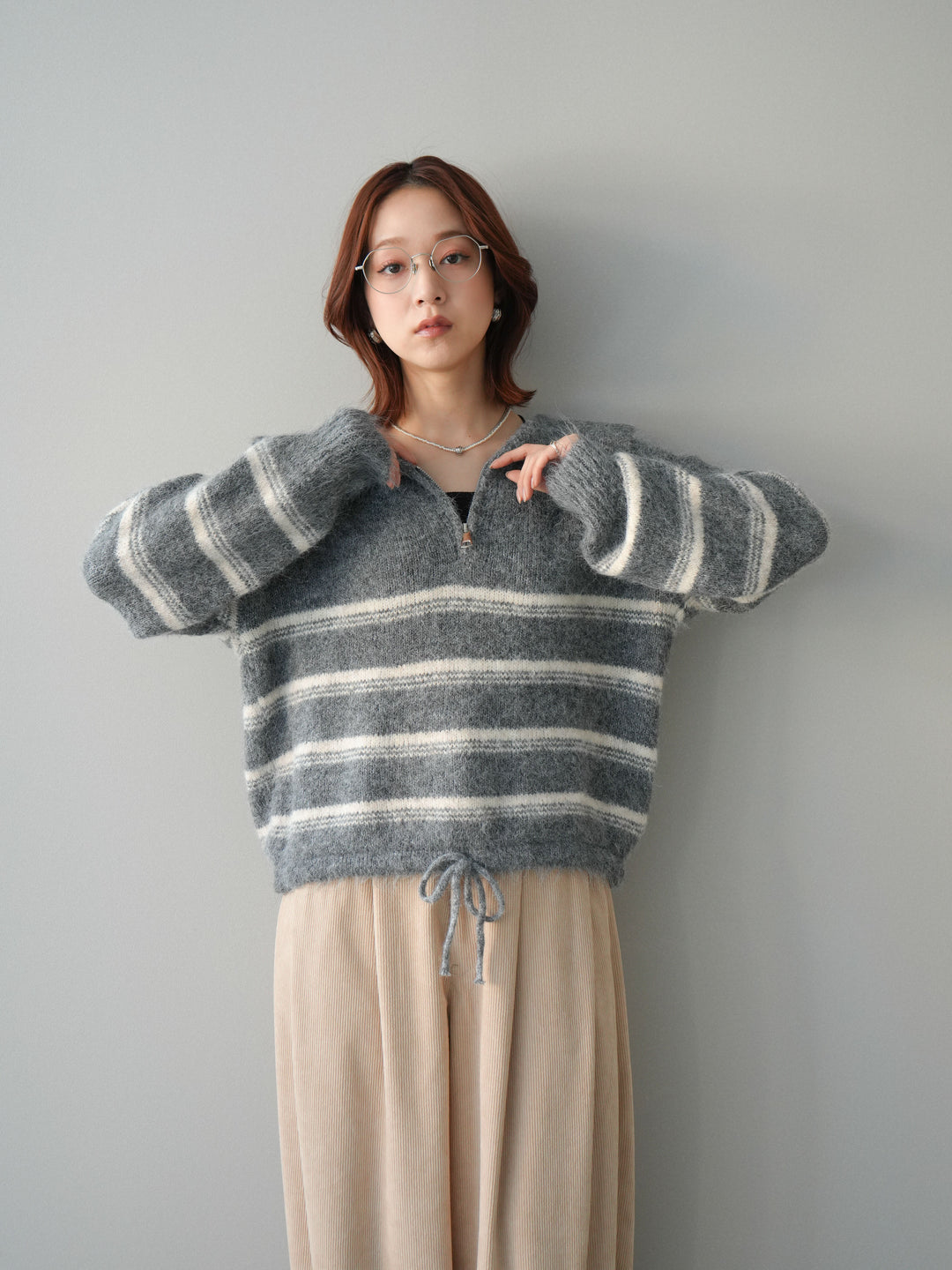 [予約]ハーフジップボーダーニットプルオーバー/gray