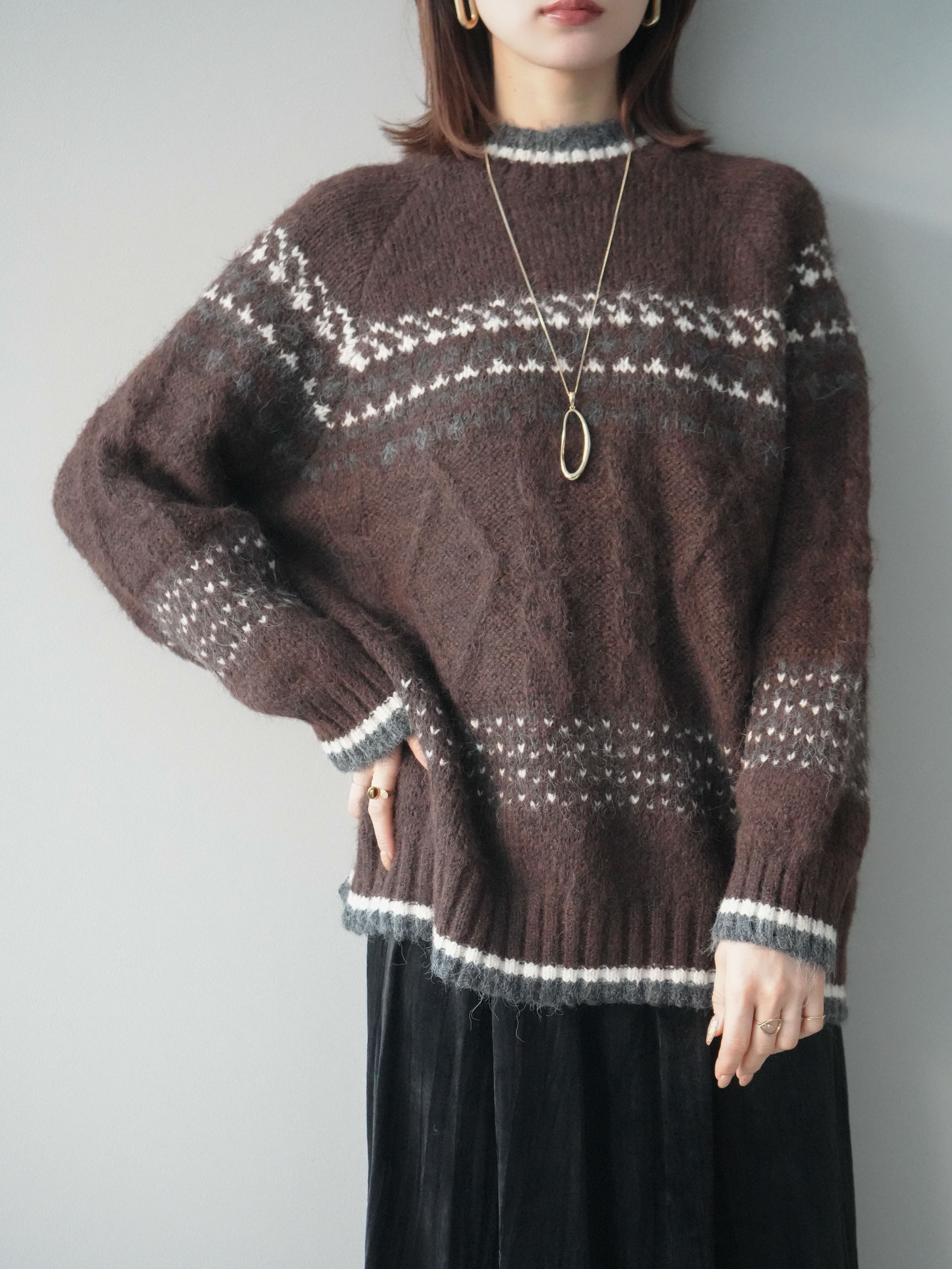 予約]裾配色ノルディック柄ニットプルオーバー/brown – Lumier