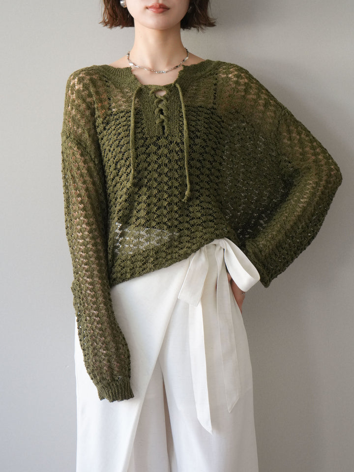 [予約]パネルメッシュニットトップス/khaki