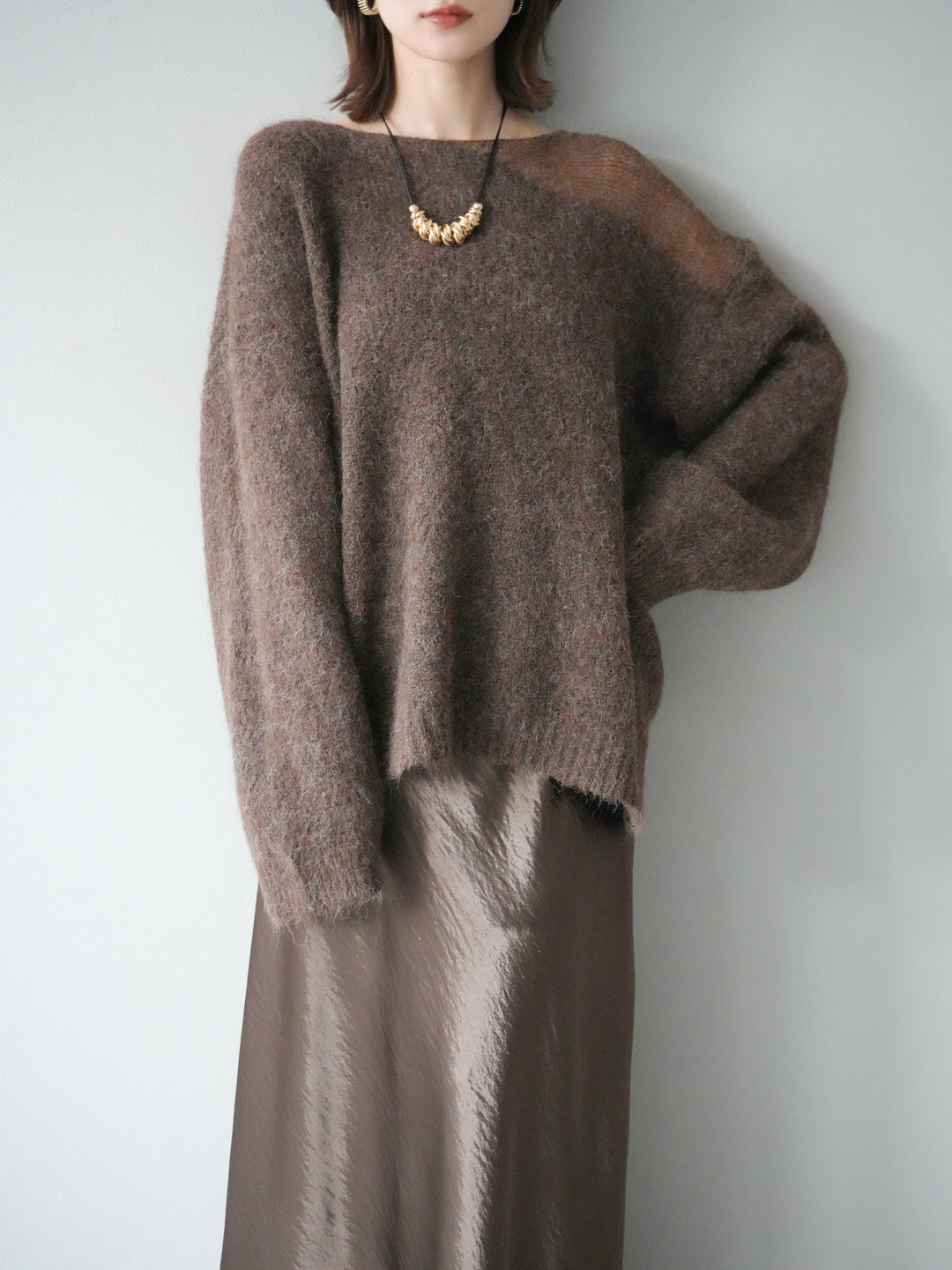 [予約]ネック透かし編みニットプルオーバー/ダークブラウン