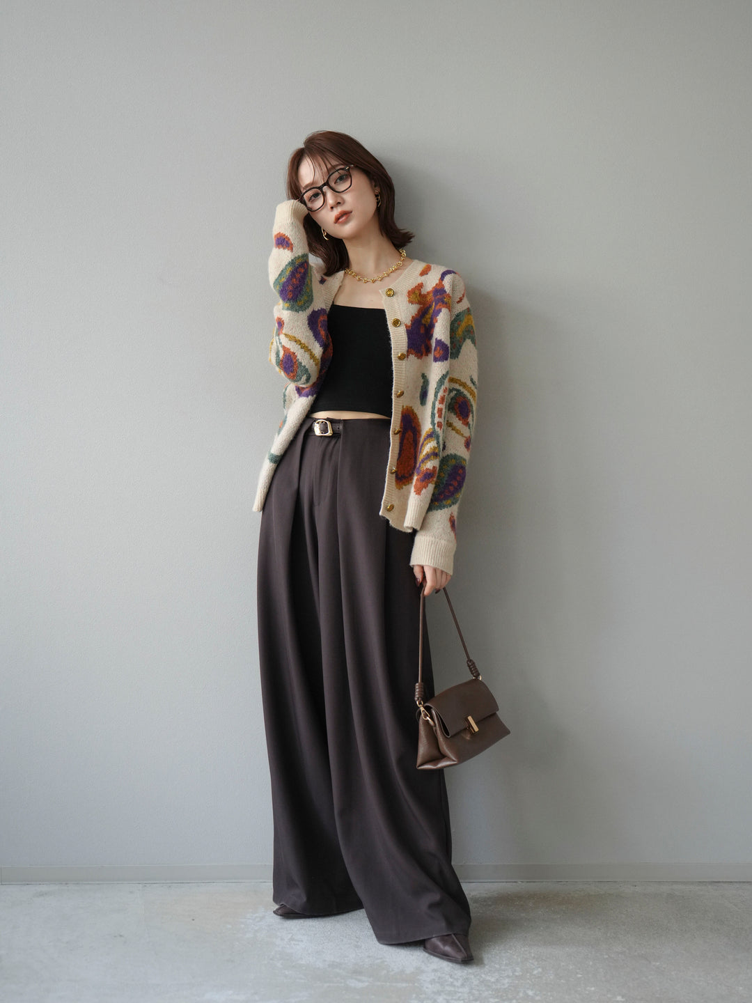 【着回しセット】[SET]求心柄クロップドニットカーディガン+ミックスヤーンペイズリー柄ニットカーディガン+ベルトループデザインワイドパンツ(3set)