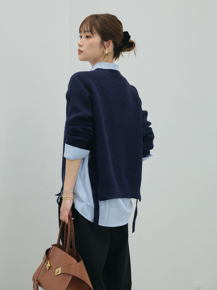 [予約]サイドスリット畦編みニットプルオーバーシャツアンサンブル/navy