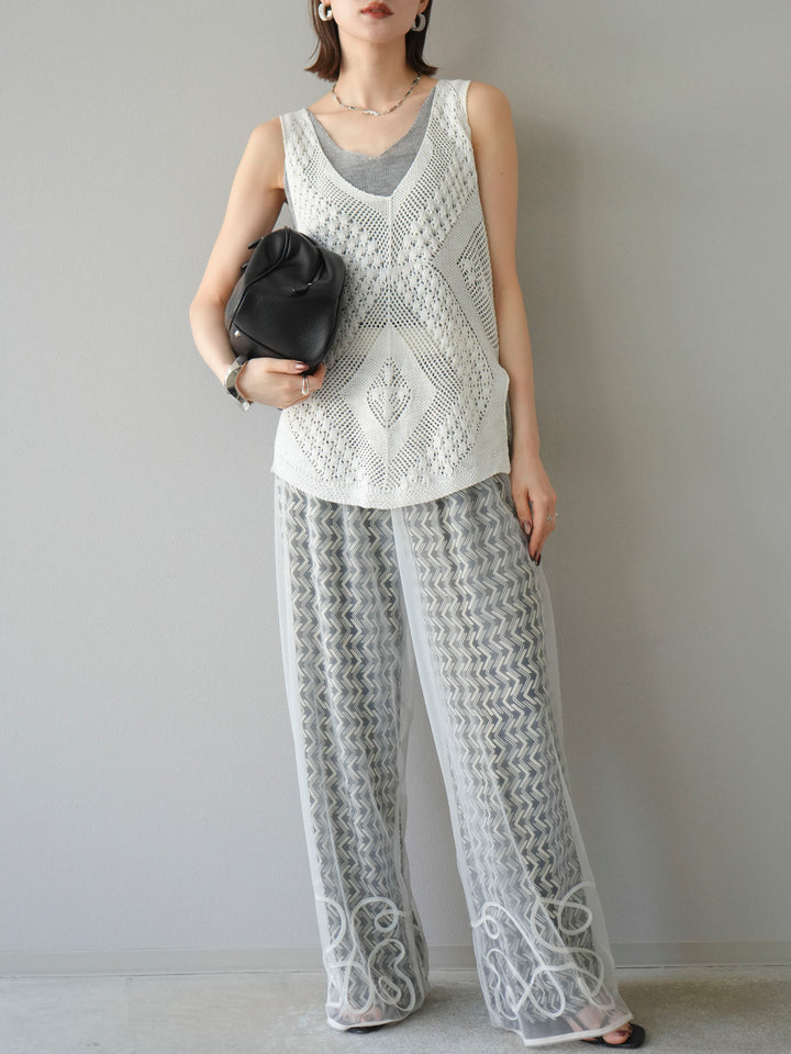 [予約]レーヨンフレックススラブウェーブ柄ストレートパンツ/ブラック