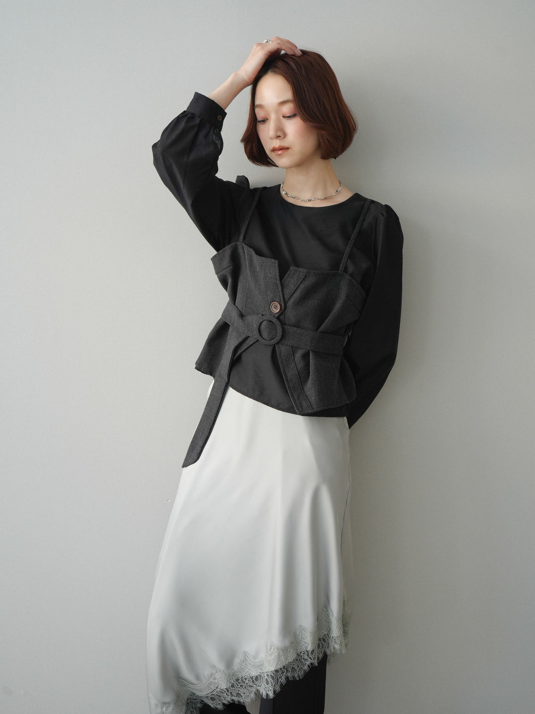 [SET]異素材ビスチェドッキングブラウス+センターシームフレアパンツ(2set)