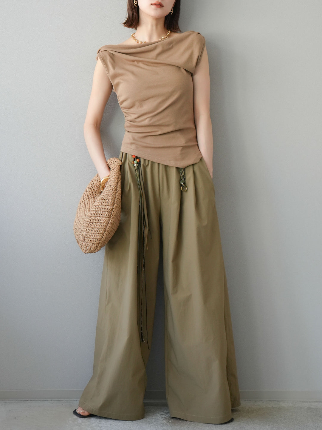 [SET]タックデザイントップス＆ビーズベルト付きパンツSET UP(2set)