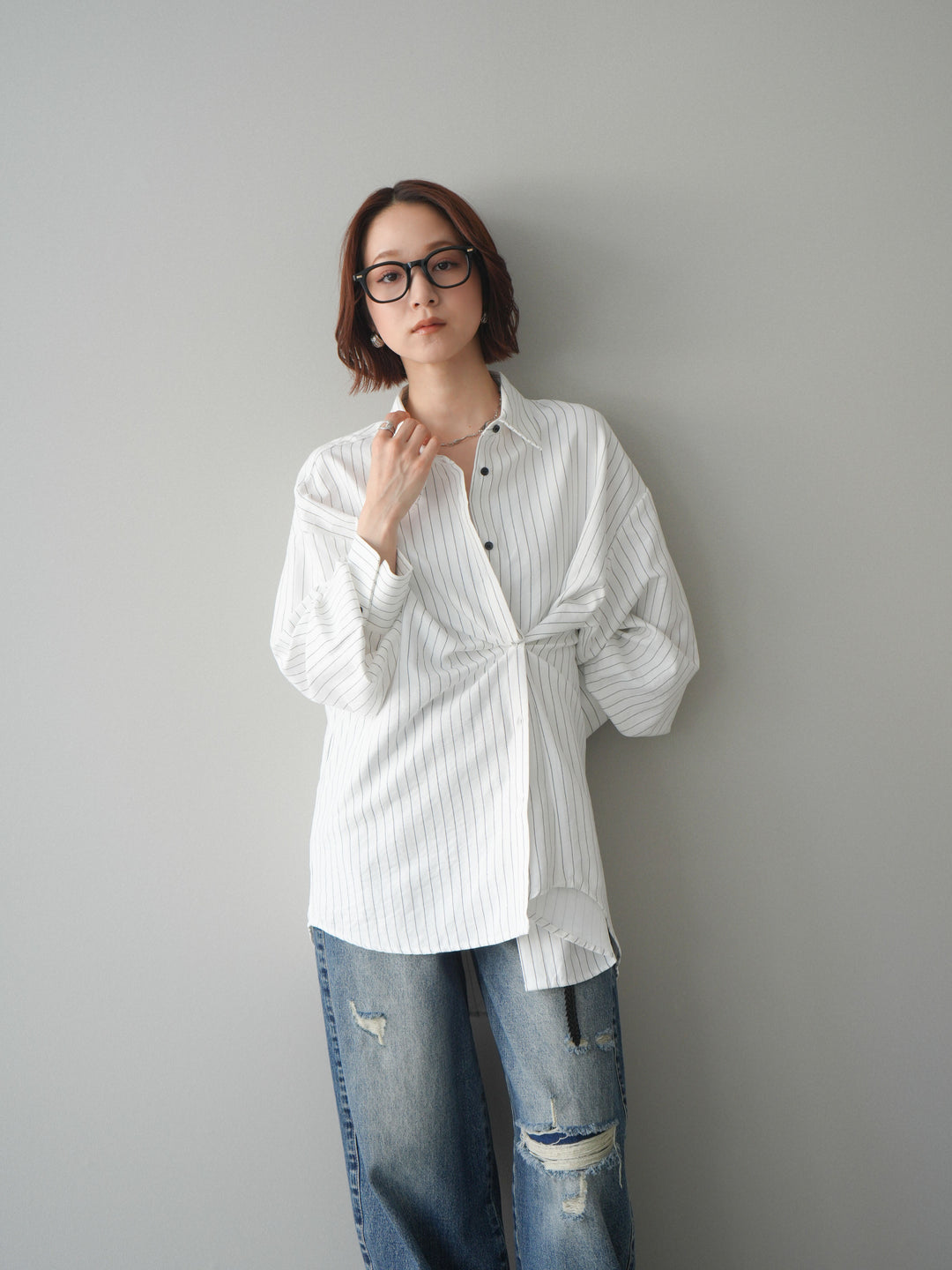 【套裝】雙向裹身條紋襯衫+破洞牛仔半闊腿褲（兩件套）