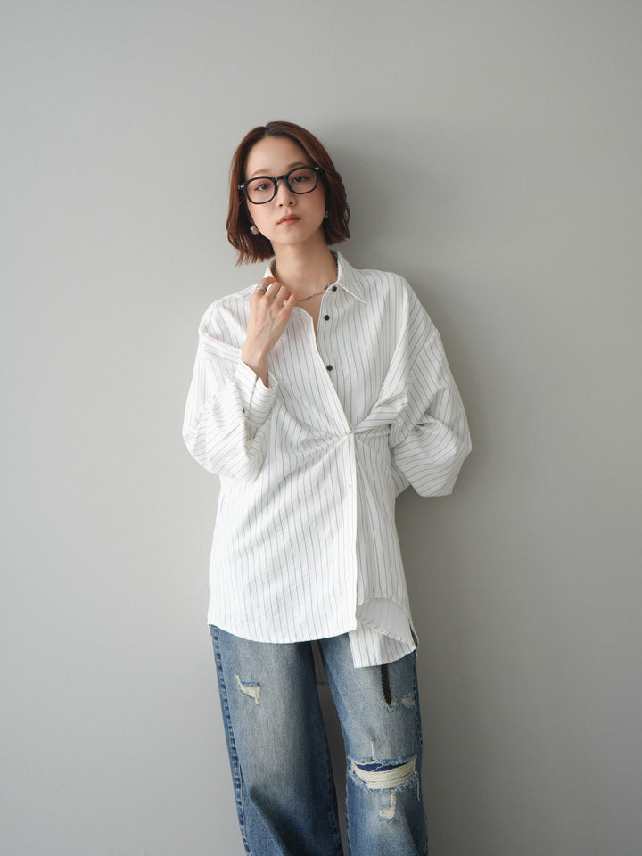 【套裝】雙向裹身條紋襯衫+破洞牛仔半闊腿褲（兩件套）