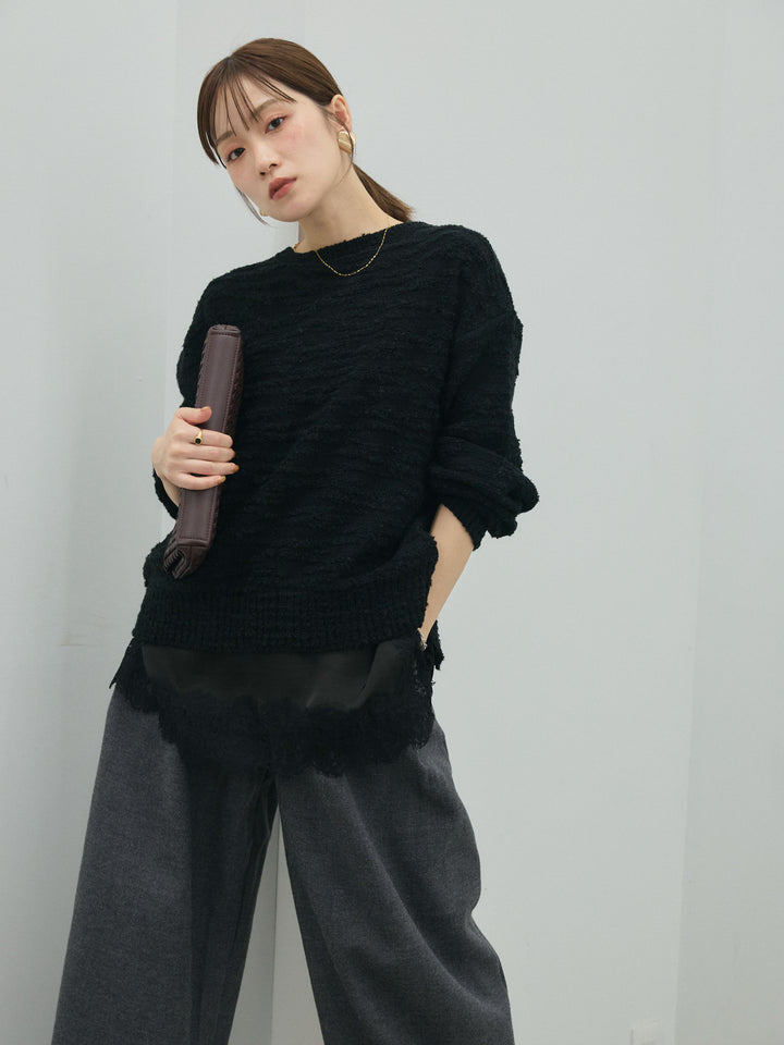 【Allure】[SET]バックリボンニュアンスブークレニットプルオーバー+サテンレースキャミソール(2set)