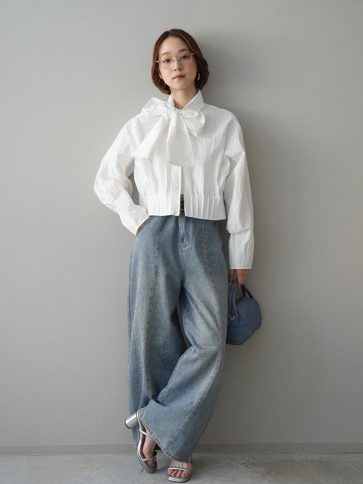 [SET]ボウタイ裾プリーツライトジャケット+フロントビジューカーブデニムパンツ(2set)