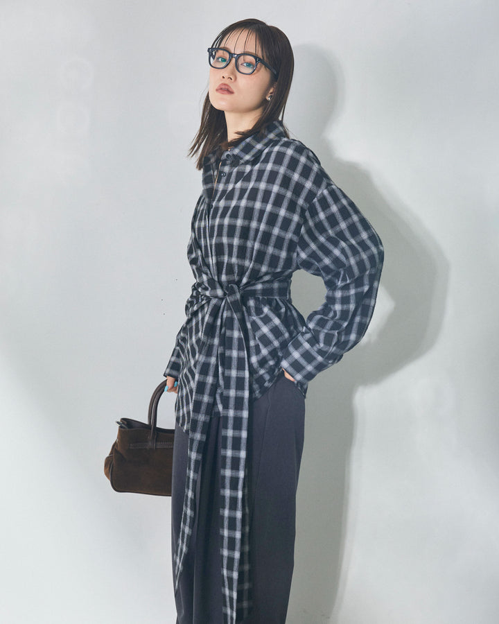 【Allure】[SET]ウエストアシメリボンシャツ+アシンメトリーウエストタックパンツ(2set)