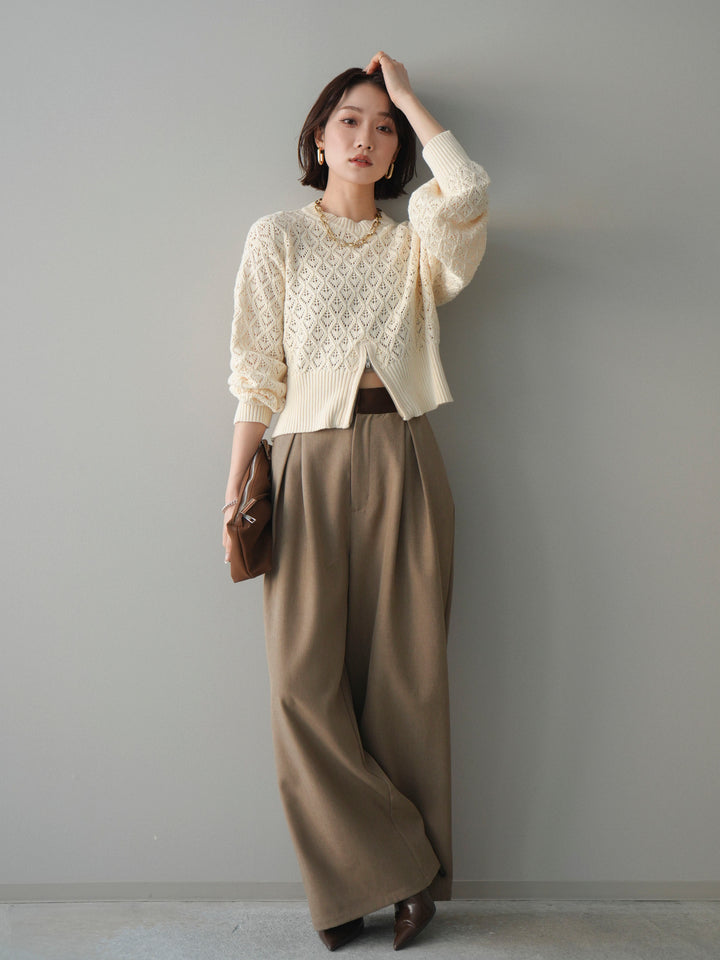 [予約]サテンベルトタックワイドパンツ/beige