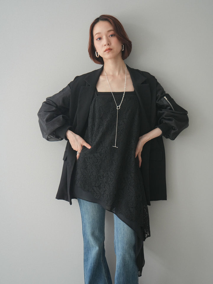 [SET]MA-1ドッキングデザインジャケット+シフォンレイヤードアシンメトリーレースキャミソール(2set)