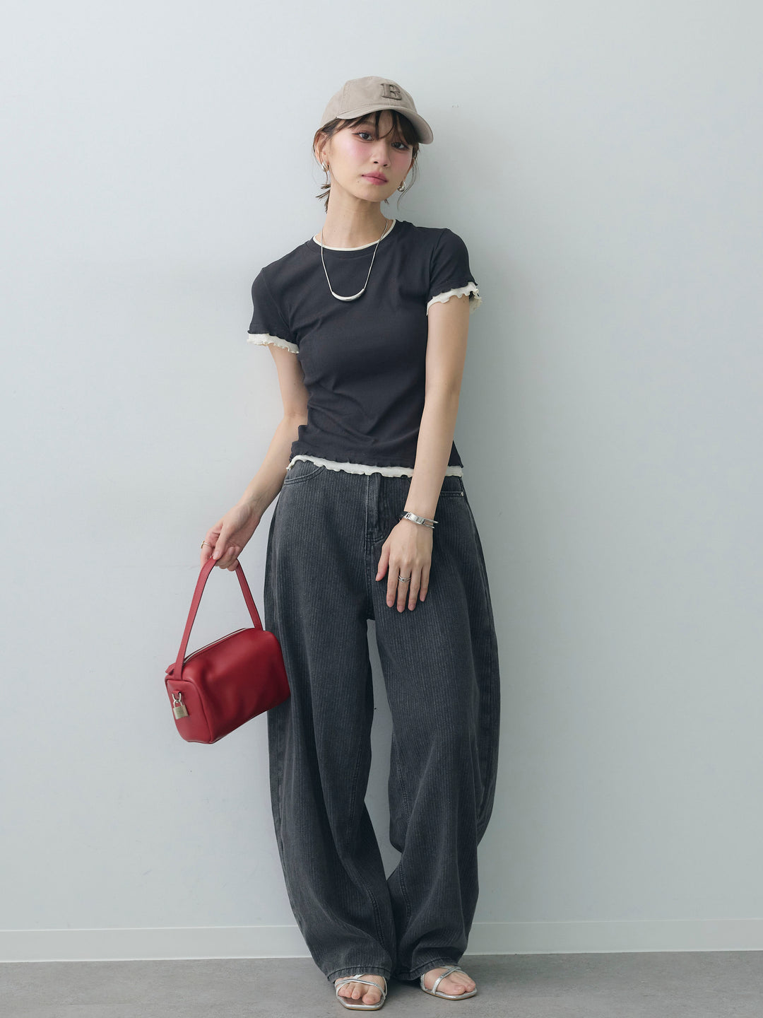 [SET]メロートリムレイヤードTEE+ニュアンスウォッシュカーブデニム(2set)