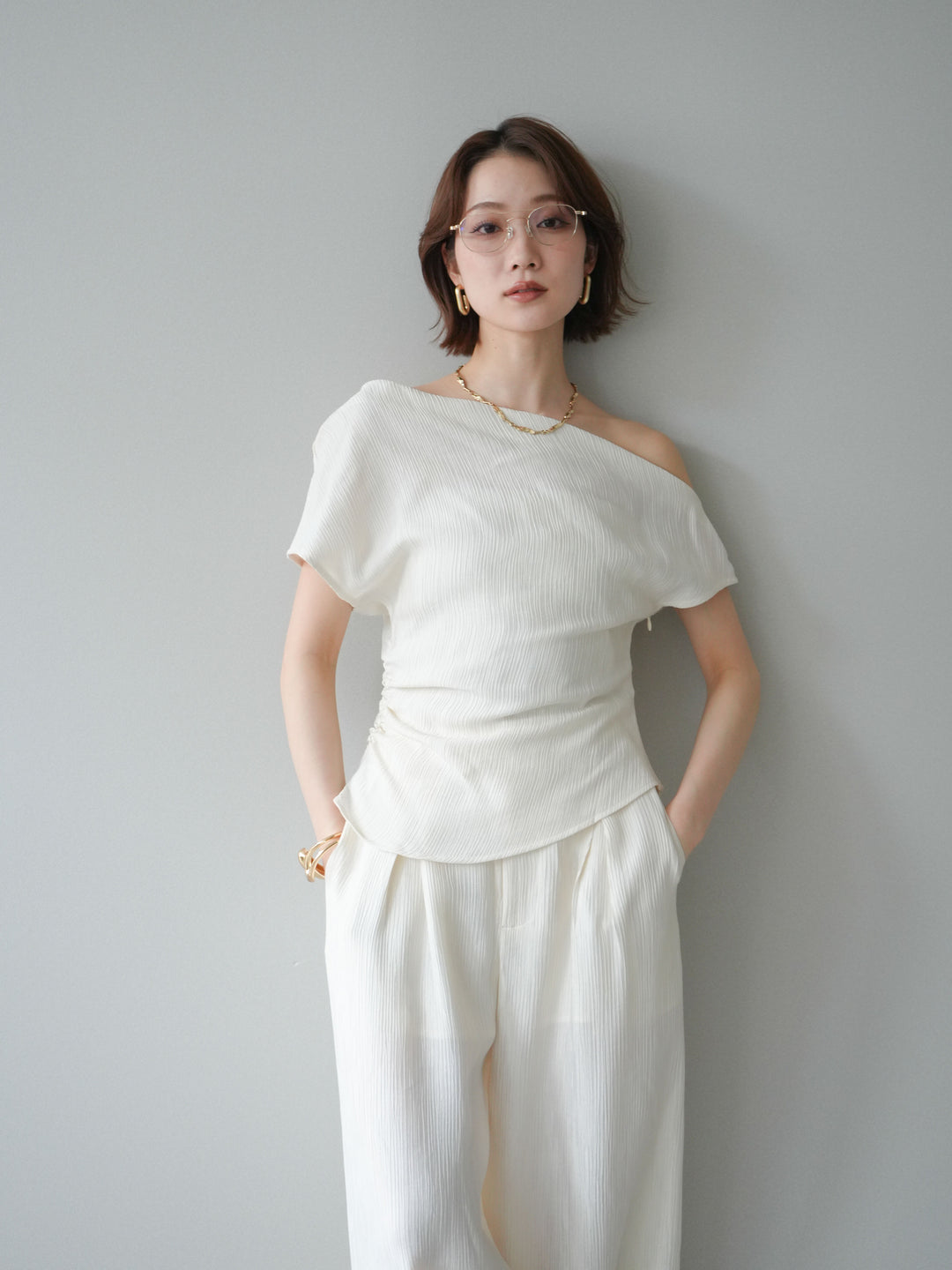 [SET]クレープアシンメトリーギャザートップス+クレープドレープタックパンツ(2set)