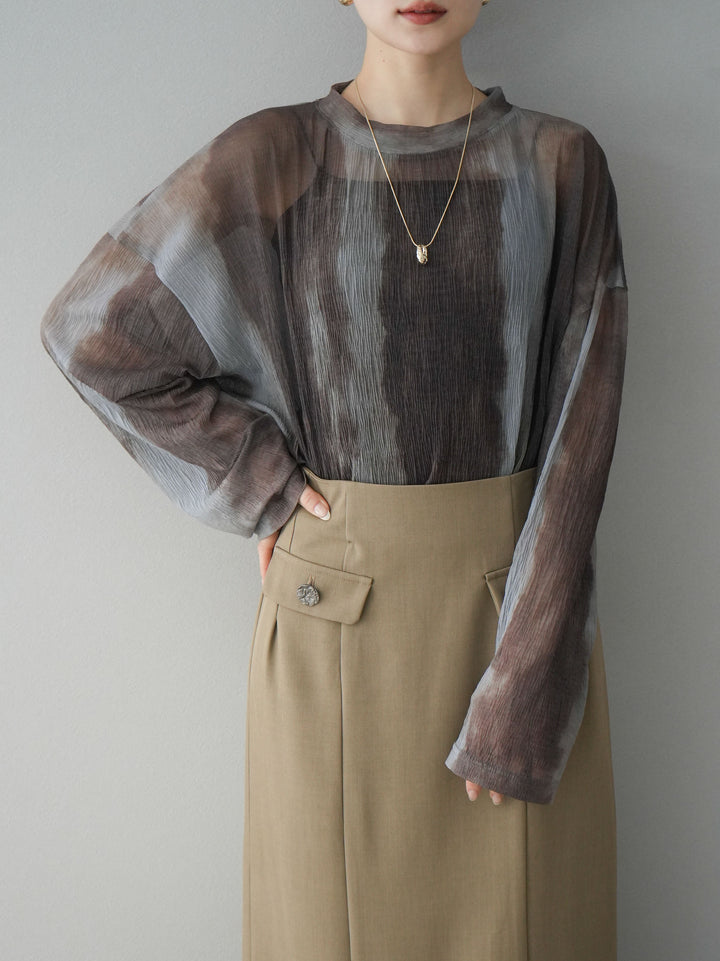 [預訂] 水彩圖案薄紗上衣/棕色