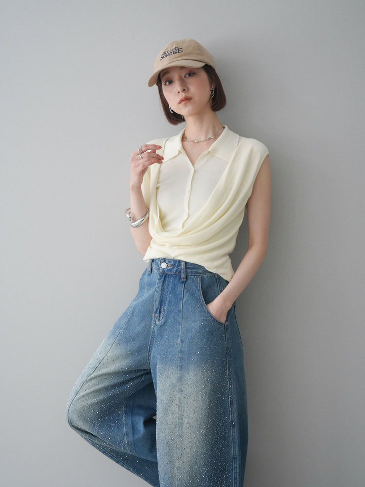 [SET]ノースリーブドレープニットトップス+フロントビジューカーブデニムパンツ(2set)