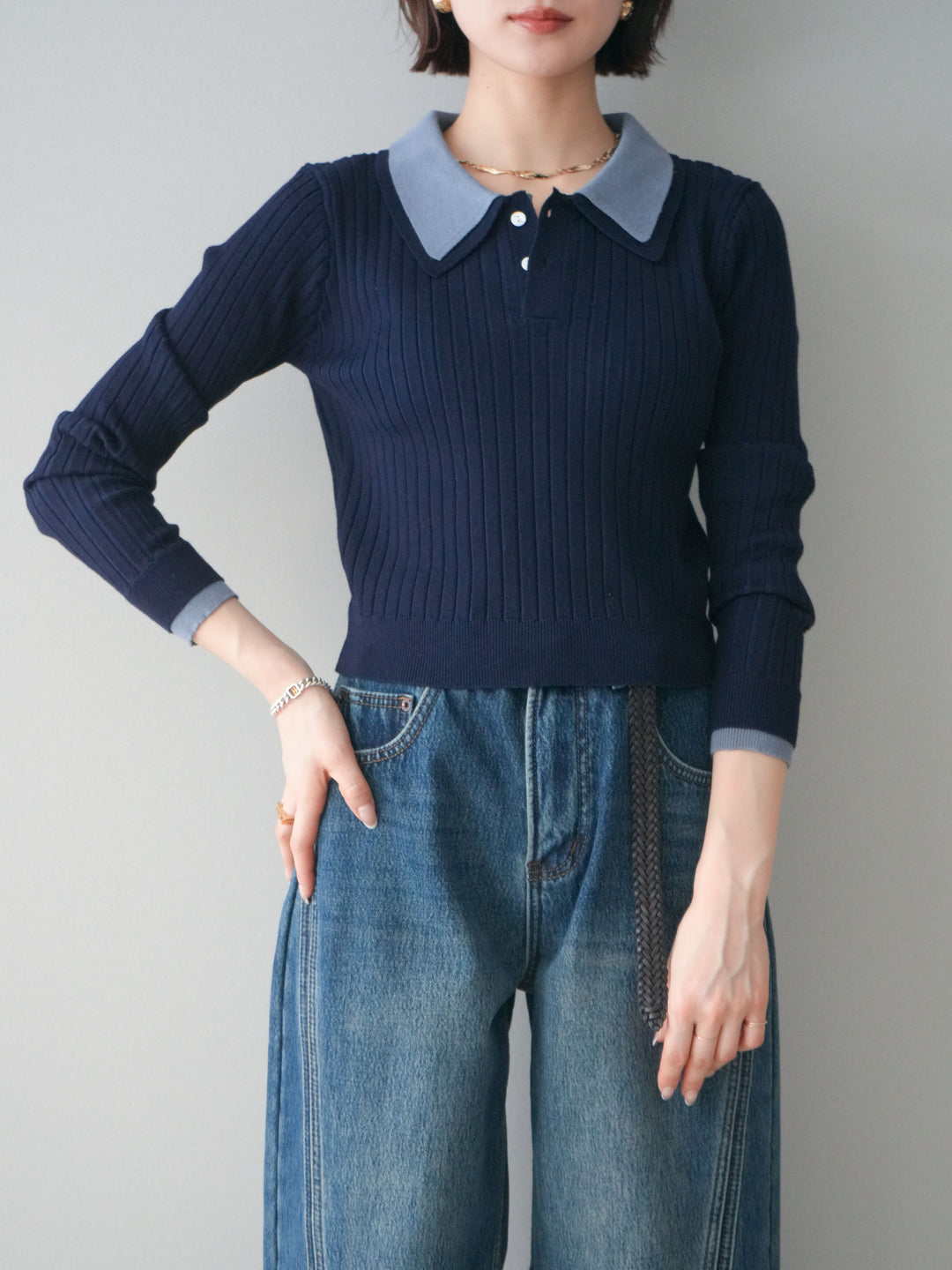 [SET]ダブル襟ポロリブニットトップス+選べるアクセセット(2set)