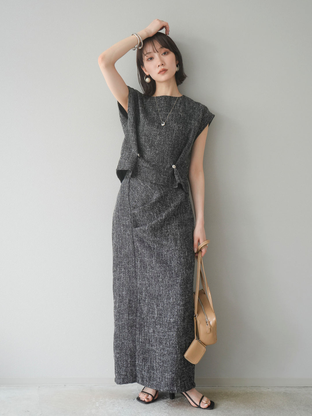 [予約]サマーツイードタックサイドスリットスカート/ブラックホワイト