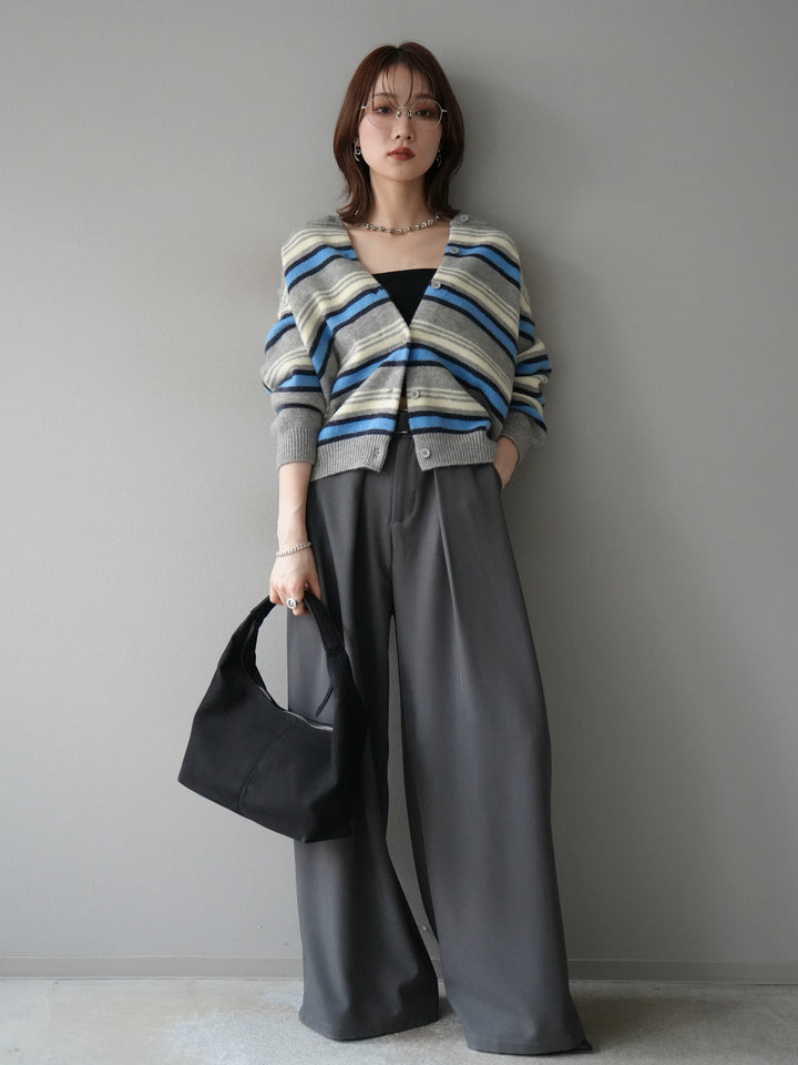 [SET]マルチボーダーニットカーディガン+ベルトループデザインワイドパンツ(2set)