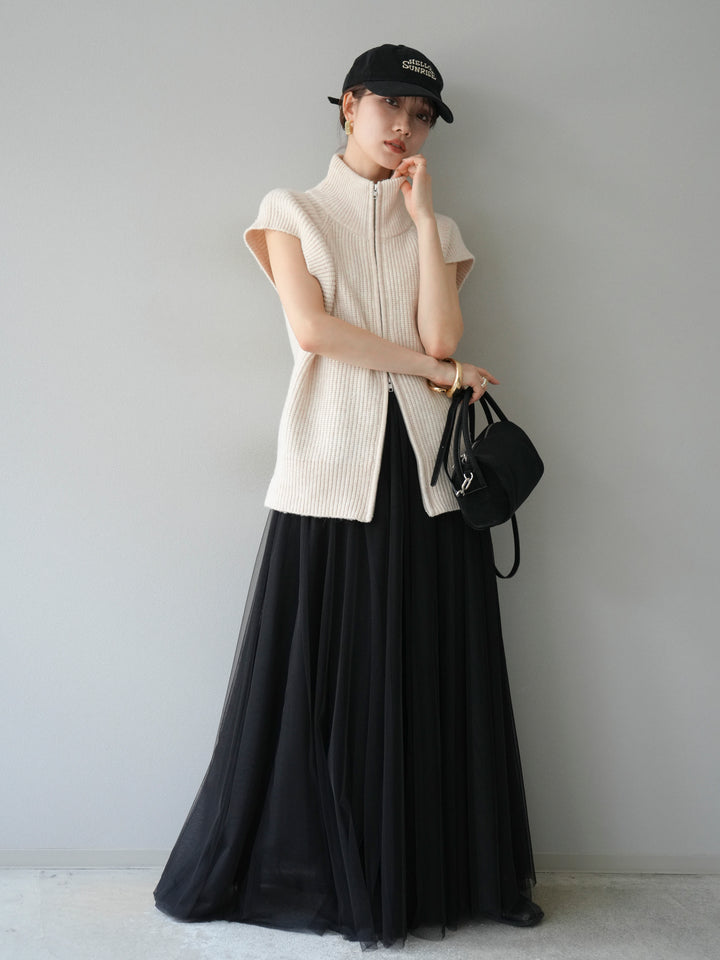 [予約]ダブルZIPハイネック畦編みニットベスト/オートミール