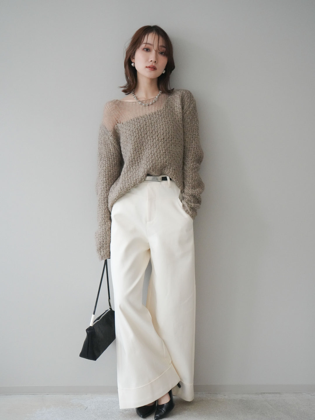 [予約]ベルト付き折り返しコットンツイルワイドパンツ/ivory