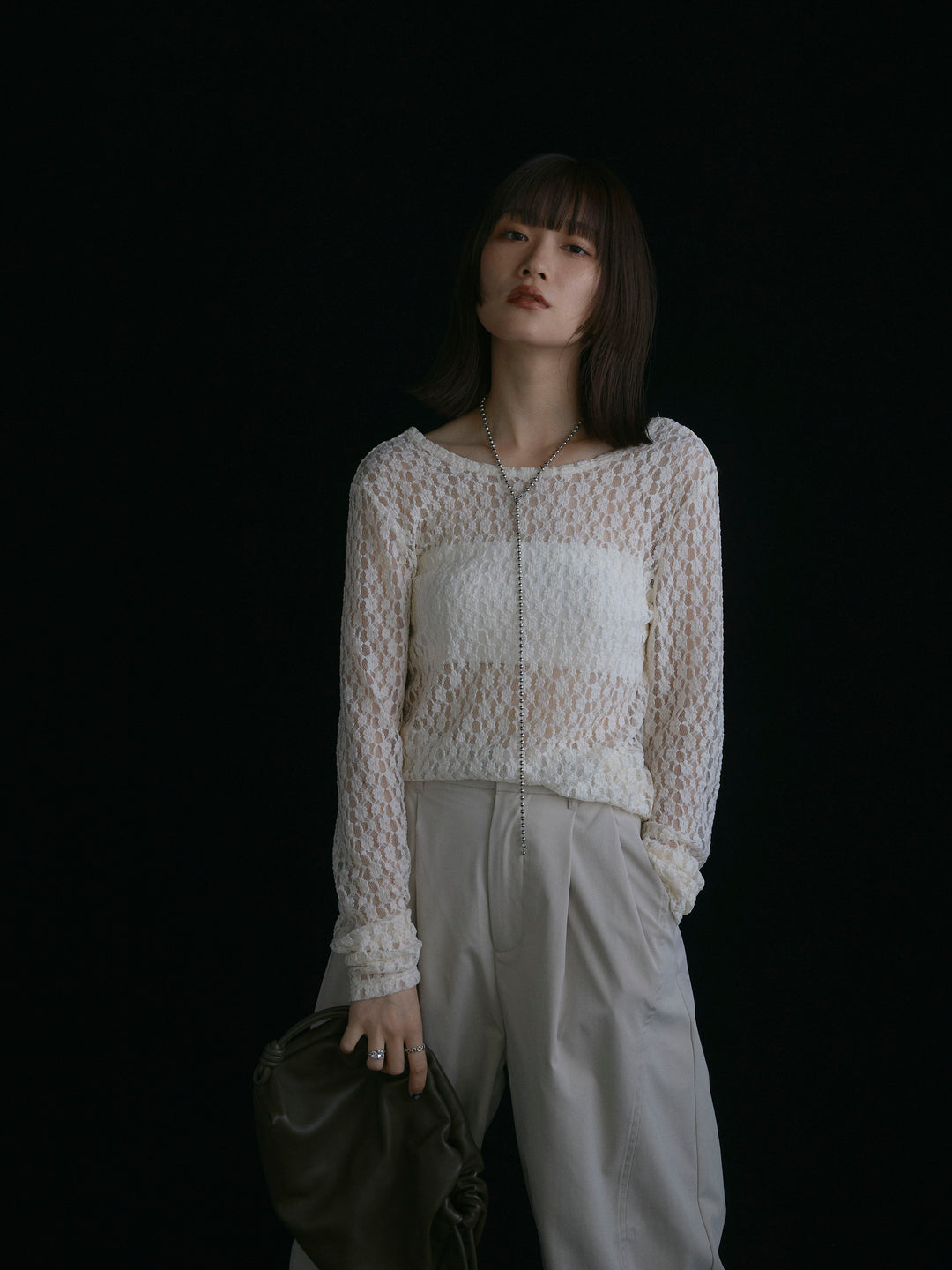 【Allure】[SET]バックラウンドレーストップス+タフタワイドカーブパンツ(2set)