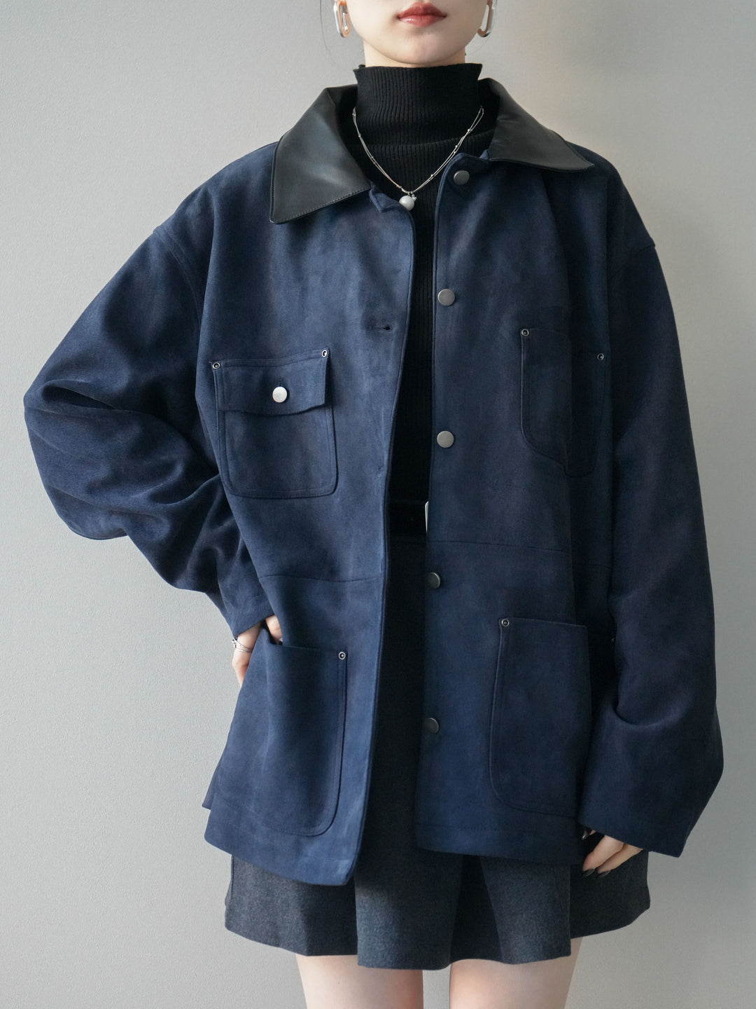 [予約]襟レザーステンカラースエードジャケット/navy