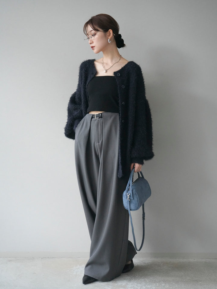 [SET]クルーネックランダムシャギーカーディガン+ベルトループデザインワイドパンツ(2set)