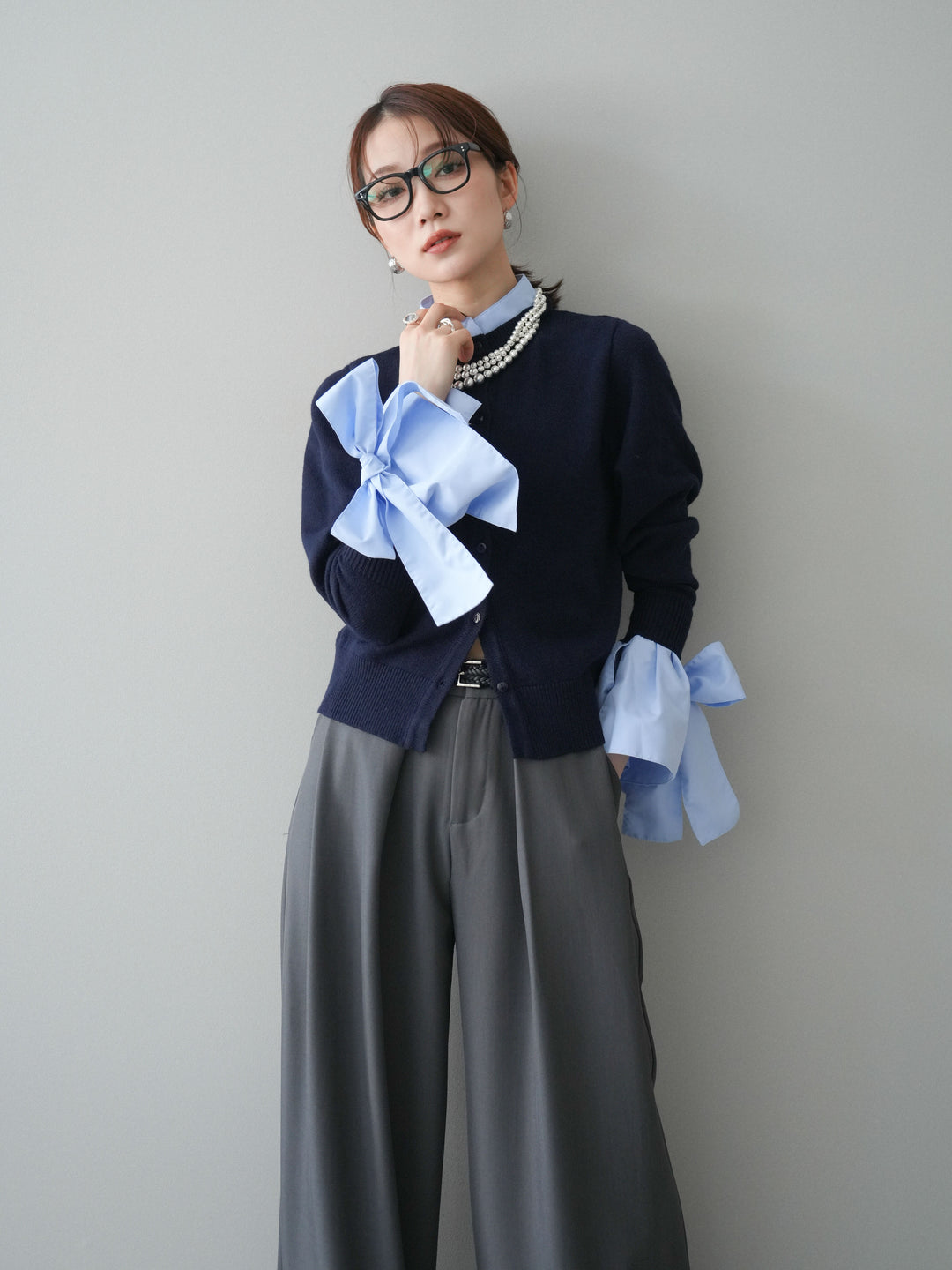 [予約]ウールライクリボンシャツカーディガン/navy