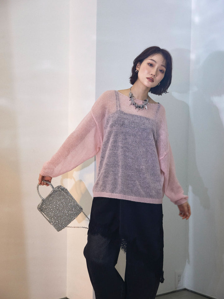 【Allure】[SET]モヘアタッチ透かし編みボートネックニットプルオーバー+アシンメトリーサテンレースキャミソール(2set)